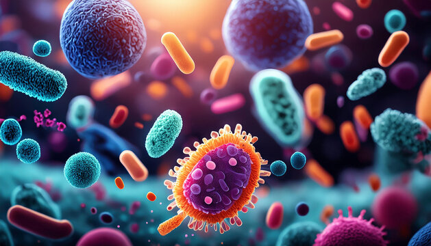 Illustration of microbiota including bacteria, fungi, protozoa, and viruses coexisting