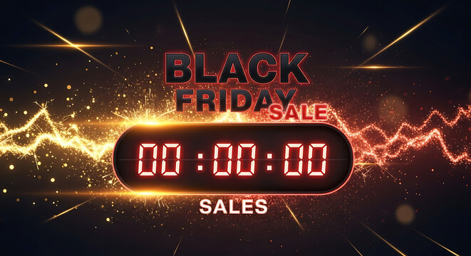Animated glowing countdown timer with bold Black Friday sale text and dynamic particle effects, perfect for marketing videos