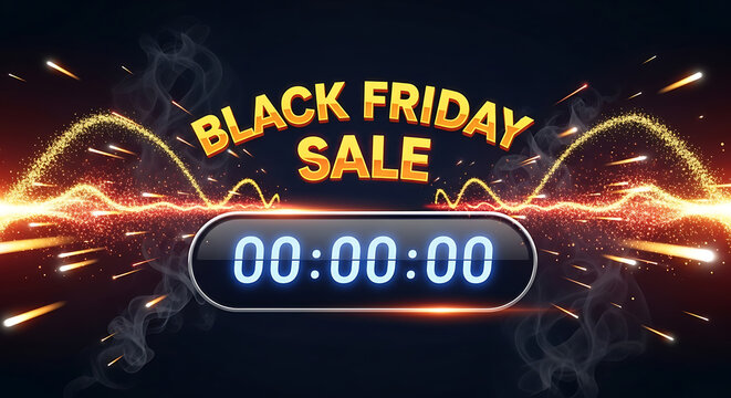 Animated glowing countdown timer with bold Black Friday sale text and dynamic particle effects, perfect for marketing videos
