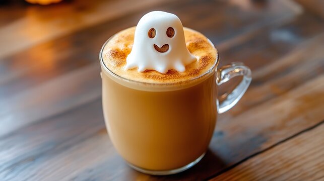 Halloween latte with ghost marshmallow on wooden table, a spooky and delicious seasonal beverage