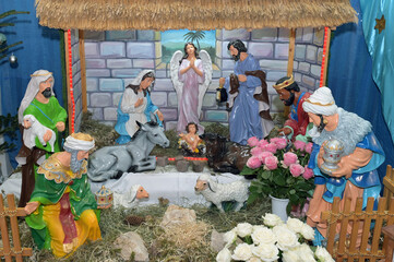 Traditional Christmas nativity scene represented with porcelain figurines
