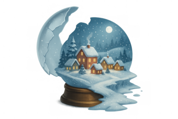 Broken snow globe illustrating a cozy christmas village at night with falling snow, transparent background