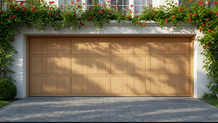 Natural wood garage door with grid pattern, framed by lush green foliage and vibrant red flowers, under dappled sunlight