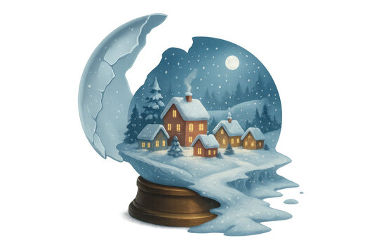 Broken snow globe illustrating a cozy christmas village at night with falling snow, transparent background