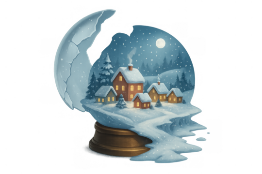 Broken snow globe illustrating a cozy christmas village at night with falling snow, transparent background
