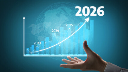 A visual representation of business growth predictions showing an increasing trend from 2023 to 2026 with a digital interface and a hand emphasizing future success. Tessel
