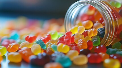 Vibrant gummy bears spilling from a glass jar, creating a colorful and sweet scene on a reflective surface