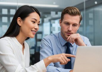 Collaborative team reviewing project details on laptop in modern office, fostering innovation and driving business growth with diverse expertise