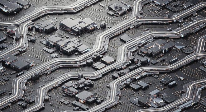 Complex futuristic motherboard design conveys cutting-edge technology and innovation for the digital age, perfect for tech brands and developers