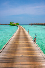 Tranquil closeup calm sea water waves with palm trees. Beautiful Panorama, Tropical island beach landscape exotic shore coast. Summer vacation, holiday amazing nature. Relax paradise, Maldives.