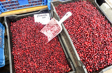 Red cranberries arranged for sale at an outdoor market. Text in Russian: cranberry