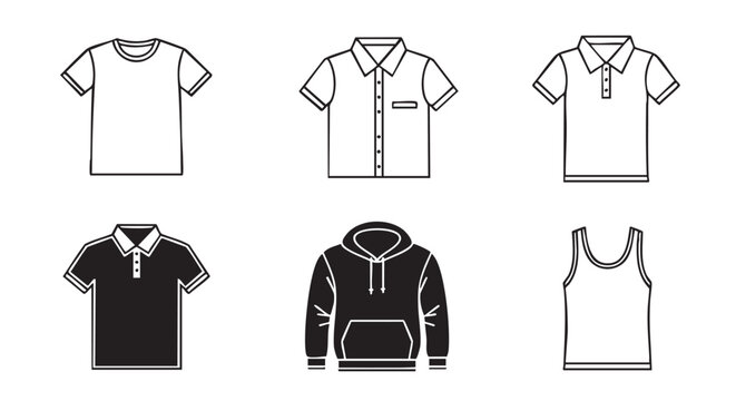 Line art illustrations of various shirts apparel for design usage