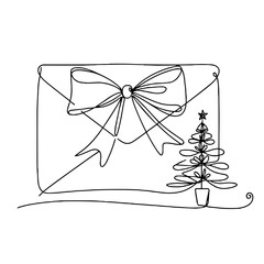 An envelope with a bow and a mini Christmas tree in the corner Christmas Mail outline / minimal linear vector