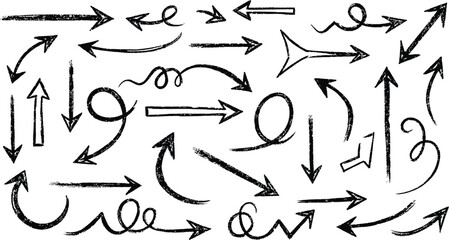 Collection of hand drawn grunge arrows and directional symbols in black and white on a white background