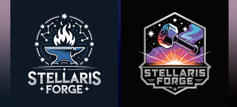 Stellaris Forge logo set with cosmic anvil and hammer emblems, starry badges and sunrise hexagon, space-themed branding for gaming, esports and merchandise