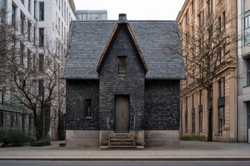 Fototapeta premium Unique black slate house stands alone amidst modern buildings in an urban setting at dusk, showcasing striking architecture and design elements