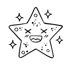 Cute smiling star clipart in black and white with sparkles, playful cartoon style and cheerful expression 