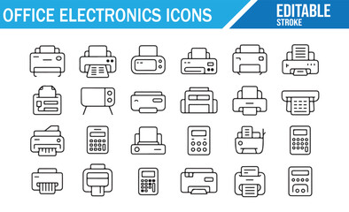 Minimal vector set showing printers, fax, and calculators for digital office use.