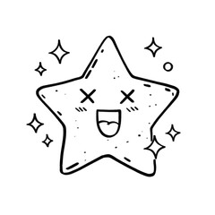 Cute happy star clipart with sparkles in black and white cartoon style, expressing joy and playfulness 