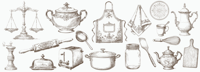 Vintage engraving set of elegant kitchen utensils and cookware — classic culinary line art in brown, beige, white tones.