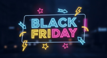 Photo of black friday sale event deals start now with neon light effect on dark background, Bright neon black friday sale sign with shopping cart and dollar symbols. 