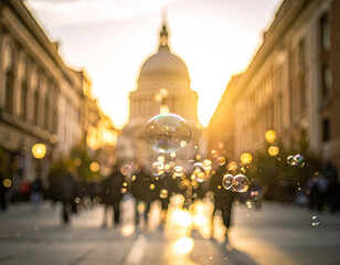 Obraz premium Golden city street view with bubbles floating amid blurred crowds
