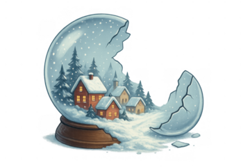 Broken snow globe revealing winter village scene with falling snow and festive homes, transparent background