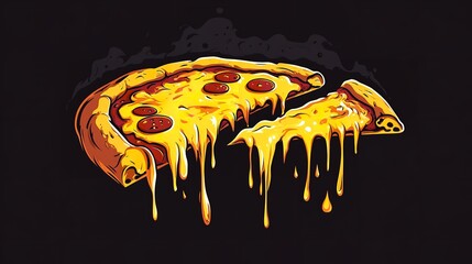 Cartoon illustration of a melting pizza slice with pepperoni and dripping cheese on a dark background