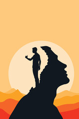 Surreal illustration of a man standing on a mountain shaped like a human head, symbolizing self-discovery, inner strength, and mindfulness in a minimalist conceptual landscape.