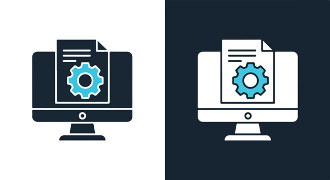 Computer screen showing document with gear - Blue icon vector - Vector icon symbol for website - Icon vector