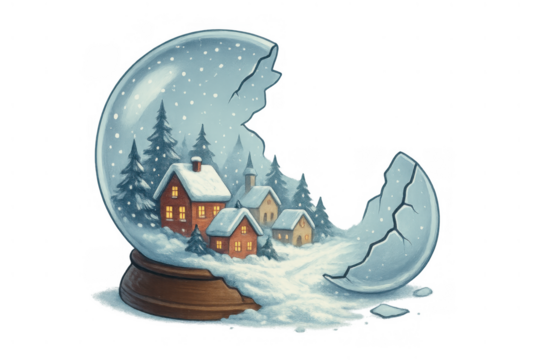 Broken snow globe revealing winter village scene with falling snow and festive homes, transparent background