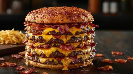Highcalorie bacon cheeseburger with multiple patties and melted cheese on a dark background