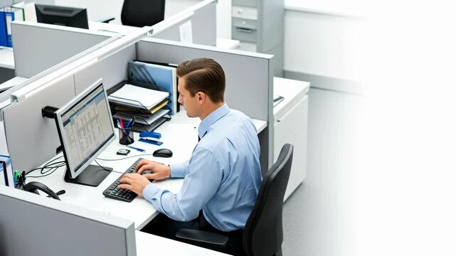 Caucasian businessman working on computer at an office desk, focused on data entry and professional tasks in a modern workplace setting, footage.