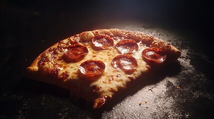 A slice of pepperoni pizza with melted cheese and crispy crust on a dark background