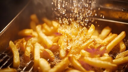 Closeup of golden french fries being seasoned with salt, creating a visually appealing and appetizing scene