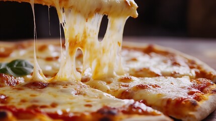 Closeup of a delicious slice of pizza being lifted, showcasing the gooey, melted cheese and inviting flavors