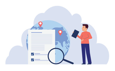Global document verification concept, legal document and magnifying glass