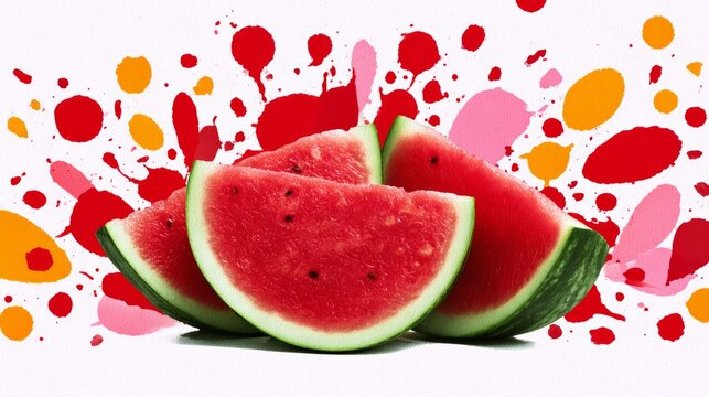 Watermelon is cut into slices and placed on a table. The slices are arranged in a way that they look like they are falling from the sky. The image has a playful and whimsical mood