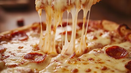 A tempting slice of pepperoni pizza being lifted, revealing the stringy, melted cheese and savory toppings