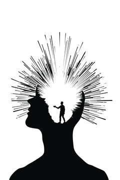 Conceptual illustration of a person standing inside a human head with exploding light rays, symbolizing creativity, enlightenment, mental awakening, and new ideas.