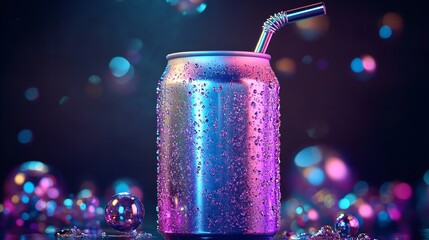 A vibrant, neonlit can with a straw, surrounded by bokeh, creating a modern and refreshing scene