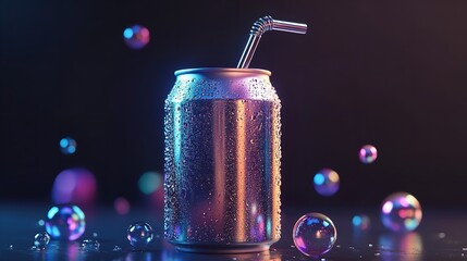 A refreshing soda can with a straw surrounded by vibrant bubbles on a dark background