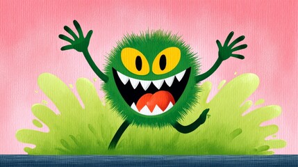Cartoon monster with green hair and big teeth is jumping into a green grassy area. The monster is smiling and he is happy