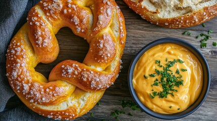 Overhead shot of a fresh pretzel with coarse salt and a bowl of cheese dip on a wooden table