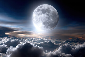 Bright full moon shining over clouds at night sky with dramatic lighting
