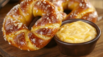 Close up of a fresh pretzel with coarse salt and a bowl of cheese dip on a wooden table