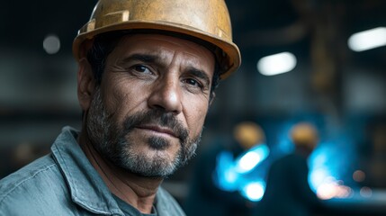 A hardened steelworker, helmet in place, looks at the camera. His steely gaze is a testament to the dedication, skill, and determination required of his trade.
