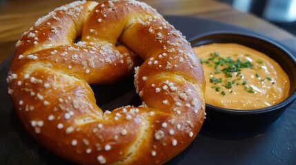 Close up of a delicious pretzel with salt on a black plate with a bowl of cheese sauce