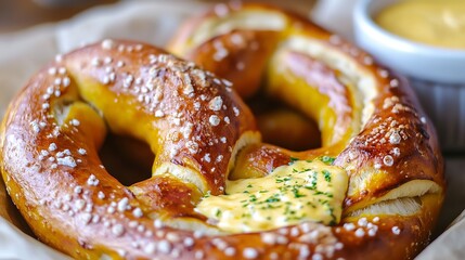Close up of a fresh pretzel with coarse salt and a bowl of cheese dip on a wooden table