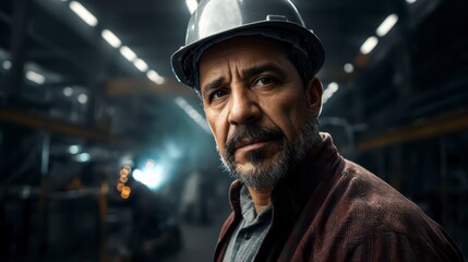 A skilled industrial worker, donned in a helmet, gazes intensely towards the camera. The setting suggests a manufacturing facility, highlighting his dedication.